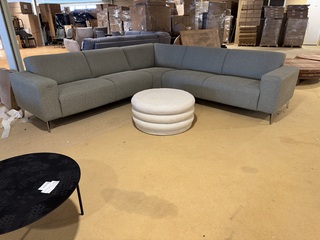 Hoekbank + hocker, groen stof, rvs poten